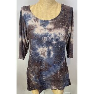 Women's ‎ Large 3/4 Sleeve Grunge Design Y2K Tie Dye Top Blouse Brown Blue Fairy